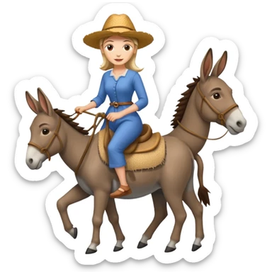 a lady on a donkey while the man is walking alongside the donkey sticker