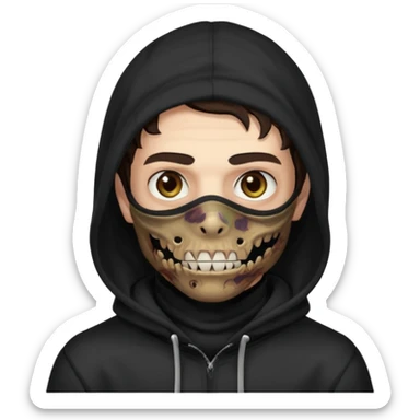 это должен быть юноша, одет в черную худи с балаклавой, глаза цвета хамелион, но более коричневые, выглядит как зомби и еще немного длинные волнистые кудрявые волосы темно коричневого цвета, также добавь темный оттенок на задней фон sticker