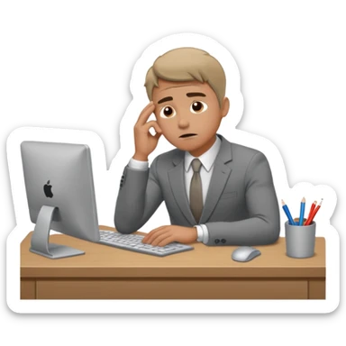 A man in corporate attire sitting at a desk, looking stressed while working on a computer sticker
