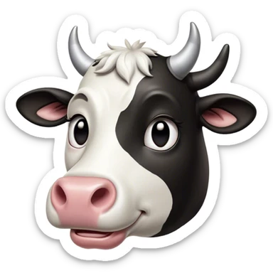 Cinematic Comical Black and White Cow Portrait Emoji, Head tilted dramatically with an exaggeratedly amused expression, featuring a striking, glossy coat of bold black and white, wide, expressive brown eyes filled with playful disbelief, Simplified yet hilariously expressive features, highly detailed, glowing with a slightly sassy glow, high shine, dramatic yet playful, stylized with an air of cheeky mischief, bright and endearing, soft glowing outline, capturing the essence of a spirited and over-the-top cow, so meme-worthy it feels like it could moo its way into internet fame instantly! sticker
