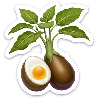 hybrid big brown coloured eggplant with veins along it, and one bulbous brown mushroom head to replace the stem and leaves of the eggplant. the object is positioned upright with two small brown boiled eggs attached at the lower half.  sticker