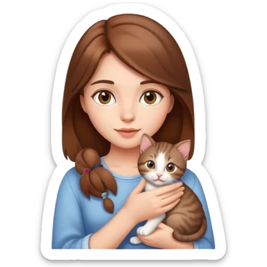 A beautiful brown-haired girl holding a kitten sticker