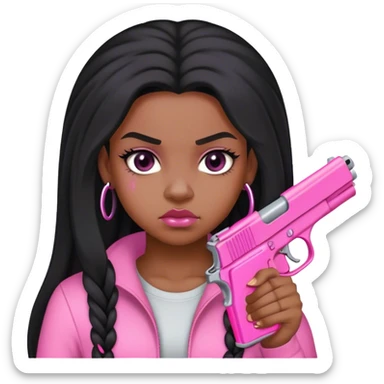 black girl with long hair baby hairs pink little cleave out and pink gun mean mugging sticker