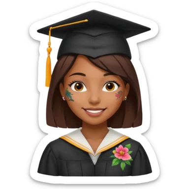 nude and sexy brown skin girl, floral colorful tattoes, in student cap, graduating sticker