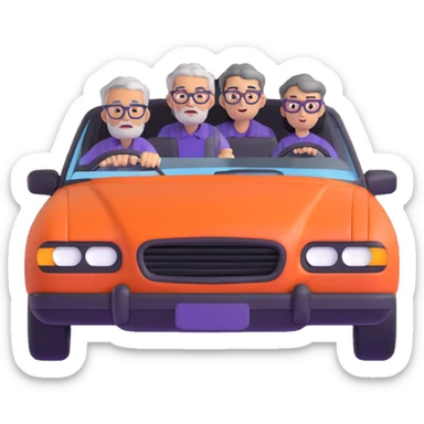 orange car front view with three people visible through windshield: driver with purple shirt and stubble, front passenger with gray hair and glasses, back passenger with black hair and glasses sticker