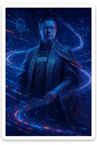 a data Governor, stylized as a tech leader, wearing a digital robe or cape, with data streams flowing around sticker