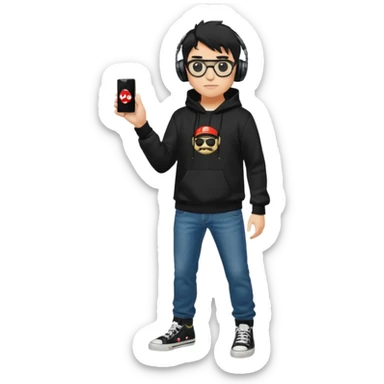 chico del cuerpo completo, cabello negro tipo militar, con audífonos Sony ,gafas Ray ban, sudadera negra con logotipo de super Mario, jeans negros Levis y tenis converse negros sticker