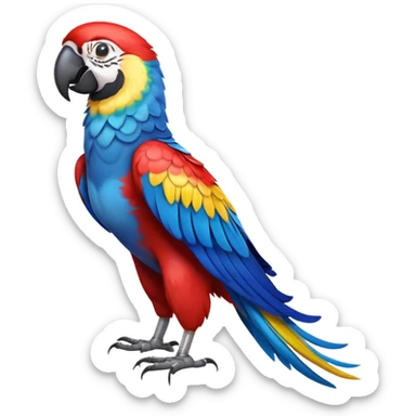 cinematic-macaw-realistic-full-body-standing-emoji,-vibrant-feathers-glowing-with-rich-reds,-blues,-and-yellows,-head-tilted-dramatically,-curved white-beak-gleaming,-piercing-dark-eyes-exuding-confidence,-simplified-yet-realistic-focused sticker