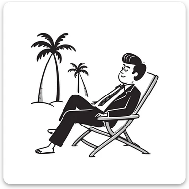 hand-drawn blonde man in business suit sitting on beach chair with palm trees, on vacation sticker