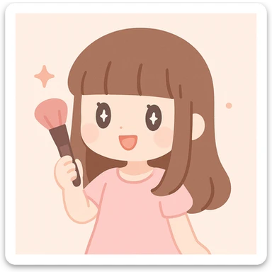 brown-haired girl with hime hairstyle, light pink dress, holding makeup brush, playful expression sticker