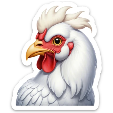 Cinematic Noble White Rooster Portrait Emoji, Poised and regal, with a robust, commanding build and a pristine, well-groomed pure white plumage, deep-set soulful piercing eyes, Simplified yet sharp and sophisticated features, highly detailed, glowing with a soft, dignified glow, high shine, intelligent and proud, stylized with an air of barnyard majesty, focused and attentive, soft glowing outline, capturing the essence of a watchful and confident leader, so majestic it feels as though it could crow out of the screen with effortless authority! sticker