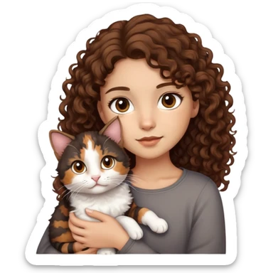 Chica morena clara con ojos grandes y café oscuro, con pelo rizado café oscuro y mechones café claro cargando un gato Calico  sticker
