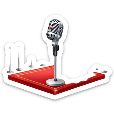 Create a glamorous and vibrant emoji that represents pop or stage vocal performance. The design should feature an empty stage with concert lighting. Include elements like an iconic stage microphone with a sparkling, rhinestone-studded microphone stand, set on a red carpet, a celebratory firework display in the background and a ribbon of musical notes flowing around the scene to symbolize the performance's energy. Use bright colors like gold, red, and silver to emphasize the excitement and glitz of the pop vocal world. The background should be transparent. sticker