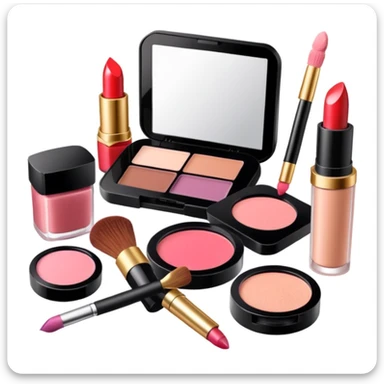 makeup products all together in one piece of png, lipstick, blush, powder, etc sticker