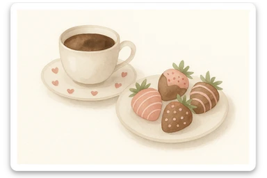watercolor style illustration of a cup of coffee with a saucer decorated with small red hearts, and a plate with four chocolate-covered strawberries with pink and white decorations, minimal composition, no extra objects or background sticker