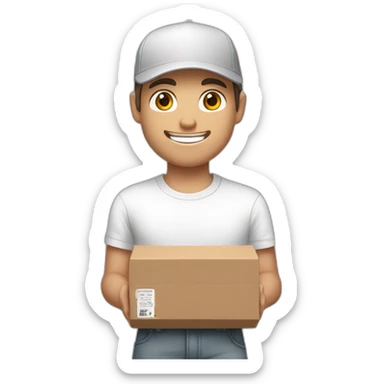 Pale skinned fit Man with dark brown hair in a white cap, gray jeans and gray polo T-shirt keeping a pasted box into his hands sticker