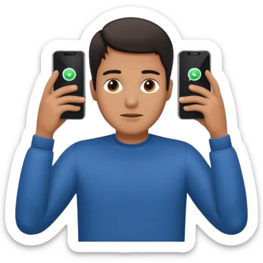 a guy holding 1 smartphone with both hands horizontally on top of his forehead sticker