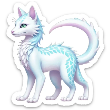 Kawaii white pastel iridescent beautiful pretty elegant divine edgy fantasy feline-vernid-sergal-fursona animal creature with a tufted tail full body with intricate markings  sticker
