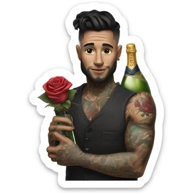 Hyper Realistic handsome tattooed man holding roses and a bottle of champagne  sticker