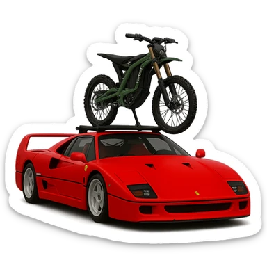 Replace the two bikes with one Sur-Ron electric bike with a green frame, mounted on the roof rack of the realistic Ferrari F40. Keep the background transparent. sticker