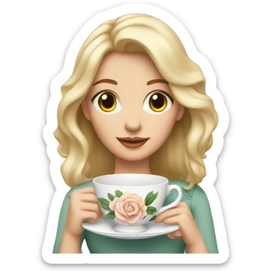 Blonde white woman holding an elegant floral teacup sticker