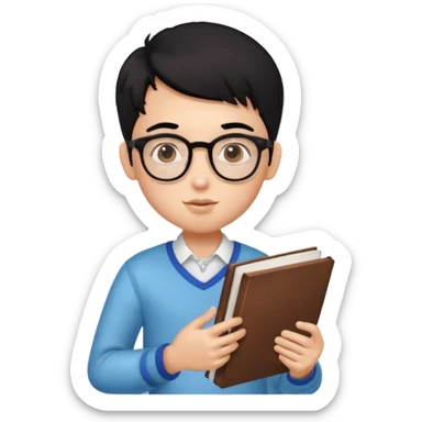 a pretty bratz boy with black hair, spectacles on, holding a book in hand and a chocolate in the other sticker