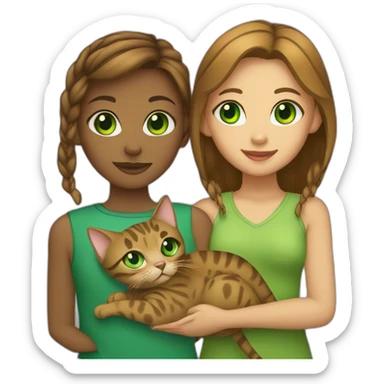 Green-eyed girl holding a green-eyed Bengal cat. sticker