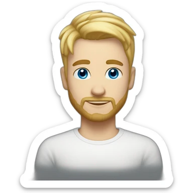 blonde guy with a taper fade, short beard, blue eyes, a big nose, a scarf in the forehead, a white tee sticker