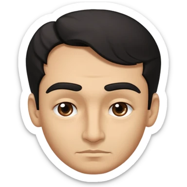 emoji a medio cuerpo, de un hombre, con cejas gruesas inclinadas hacia abajo, nariz medio grande, hombros anchos, sin sonrisa, hombros anchos, cabello medio ondulado con un corte juvenil, cabello negro. ojos negros. sticker