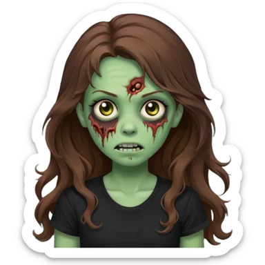 crie uma garotazoombie cabelo ondulado 2c longo castanho castanho comprido e blusa básica preta sem nada com pele esverdeada com rosto fofo  sticker
