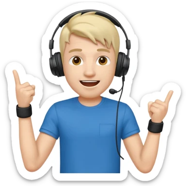 Male, excited, wearing headphone having mic, t-shirt  sticker