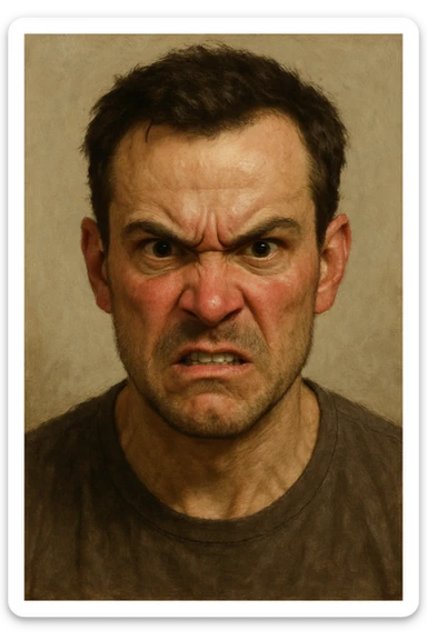 a mad person with furrowed brows, clenched jaw, intense eyes, red cheeks, neutral background sticker