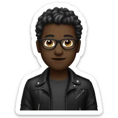 programmer, with dark skin, square glasses, wavy hair, wearing a black leather jacket. sticker