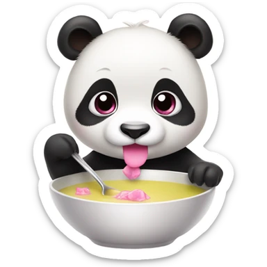 Baby panda with pink bow eating big bowl of soup sticker