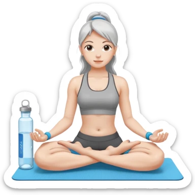 Девушка сидит на коврике для йоги и рядом стоит вода, таблетки, гантели  sticker