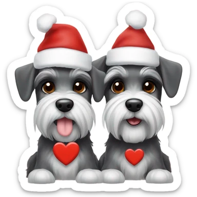 2 miniature schnauzers, 1 grey and 1 black and white, wearing Christmas hats with a heart above them sticker