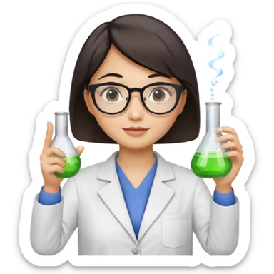 female asian chemistry teacher wearing glasses holdin a flask pointing right with straight short hair to her shoulders sticker