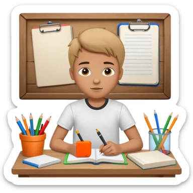 un niño escribiendo en un cuaderno en una mesa con muchas hojas y cuadernos al lado. sticker