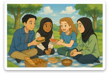 Four students in Ghibli style, having a picnic in a park, sharing food, relaxed and friendly atmosphere, greenery and blue sky. sticker