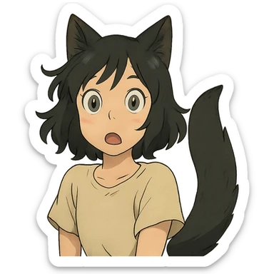 a surprised girl with huge green eyes, black fox ears, and a tail, dark hair sticker