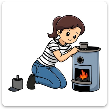 Metal cylindrical coal stove with a girl cleaning it while kneeling, seen from behind, wearing jeans and a striped shirt sticker