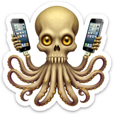 satanic octopus skeleton. Evil looking eyes, wearing a gold necklace. 2 tentacles are holding their own cellphones, 2 other tentacles are holding stacks of money sticker