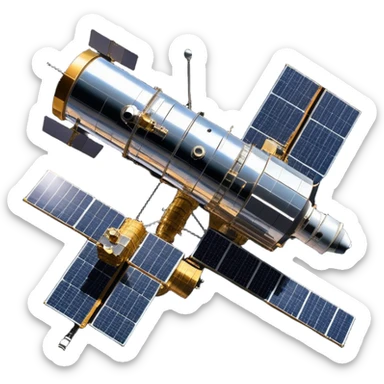 cinematic-realistic-hubble-space-telescope-emoji, an awe-inspiring, ultra-detailed depiction of the Hubble Space Telescope floating in space, its large, reflective metallic surface gleaming against the backdrop of the infinite blackness. The telescope's vast solar panels extend outwards, catching the light from distant stars, while its intricate, cylindrical body showcases advanced, precise engineering. The telescope's large, hexagonal lens is pointed towards the cosmos, surrounded by mechanical components, wires, and sensors. The detailed textures of the telescope’s metallic exterior, the shiny reflective coating, and the intricate grid-like solar panels are sharply contrasted against the void of space, with distant stars and nebulae faintly visible in the background, adding to the sense of scale and technological marvel; rendered with extreme realism and attention to detail. sticker