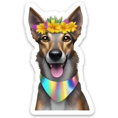  brindle brown black maroon striped lurcher Alsatian fox running blue eyes and iridescent holographic oilslick harness wearing paper iridescent tropical flower crown yellow caution tape sticker