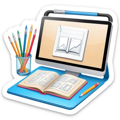 Colourfull Illustration icon, pencil, paintbrush, gel pen, graphic tablet or monitor with digital illustration, open book with sketches, minimalistic style, clean lines, transparent background. sticker