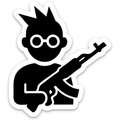 A punk guy with pink hair, wearing Harry Potter glasses, and holding an AK-47 sticker