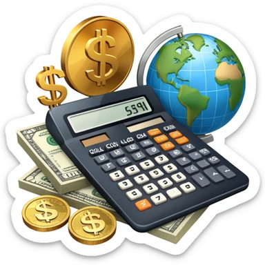 An icon featuring a calculator, a dollar sign, and a chart with upward trends, symbolizing economics. The design includes coins, bills, and a globe, representing global trade and financial systems. Transparent background highlights the study of markets, supply, and demand. sticker