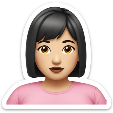 Short hair, Asian women, dark eyes, and thick lips. The body is chubby, the lips are pink, the pupils are black, the bangs are straight, young, and the clothes are street fashion sticker