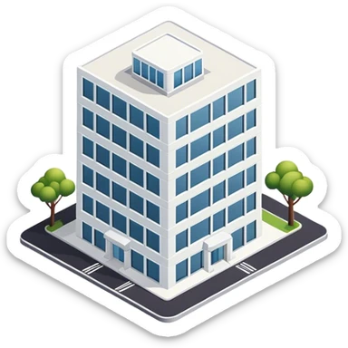 Minimalist white corporate building, isometric exterior sticker