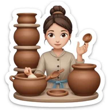 Brunette girl with a bun, behind the potter's wheel, wearing neutral clothing sticker